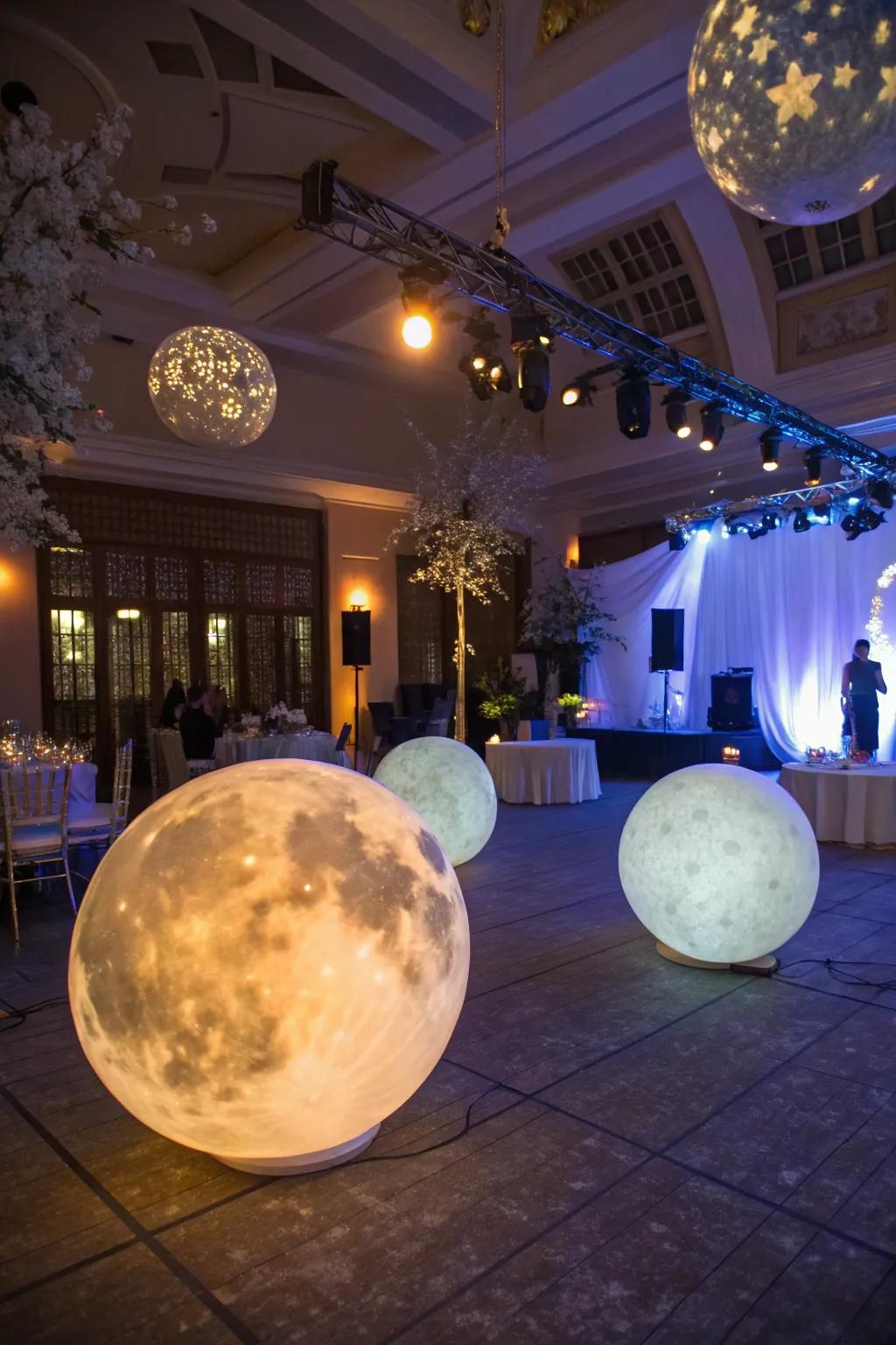 Lunar-shaped accoutrements contribute whimsy and charm to the ornamentation.