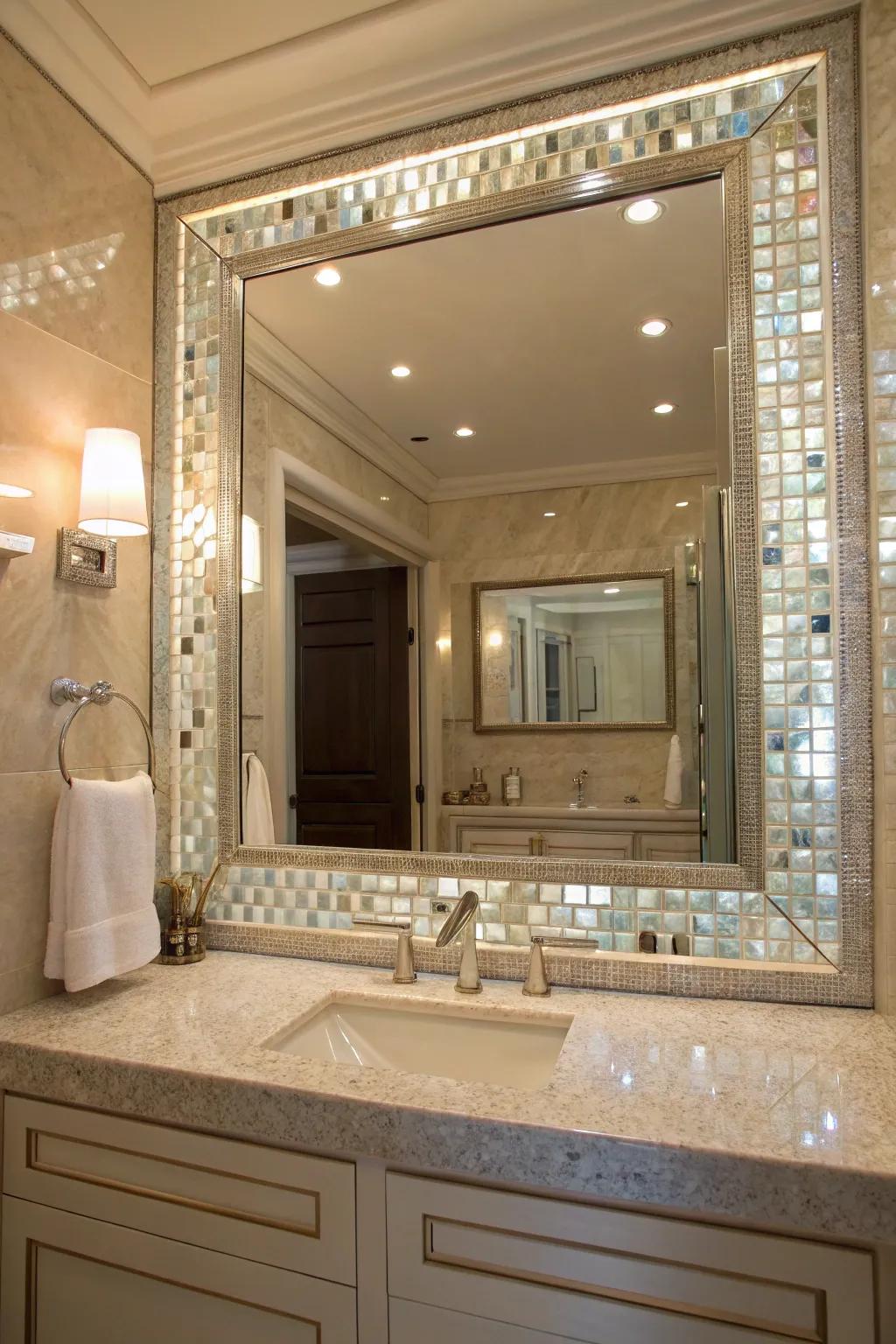 A mother of pearl mirror frame exudes sophistication.