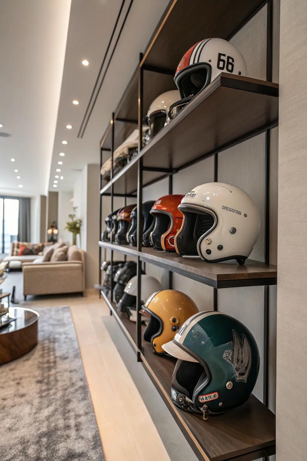Retro helmets showcased as unique decorative items.