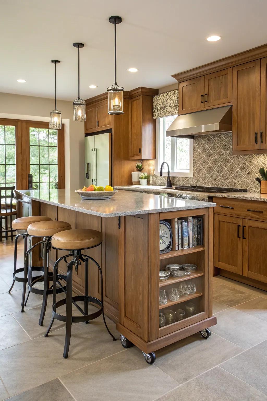 A multifunctional kitchen island featuring a breakfast bar