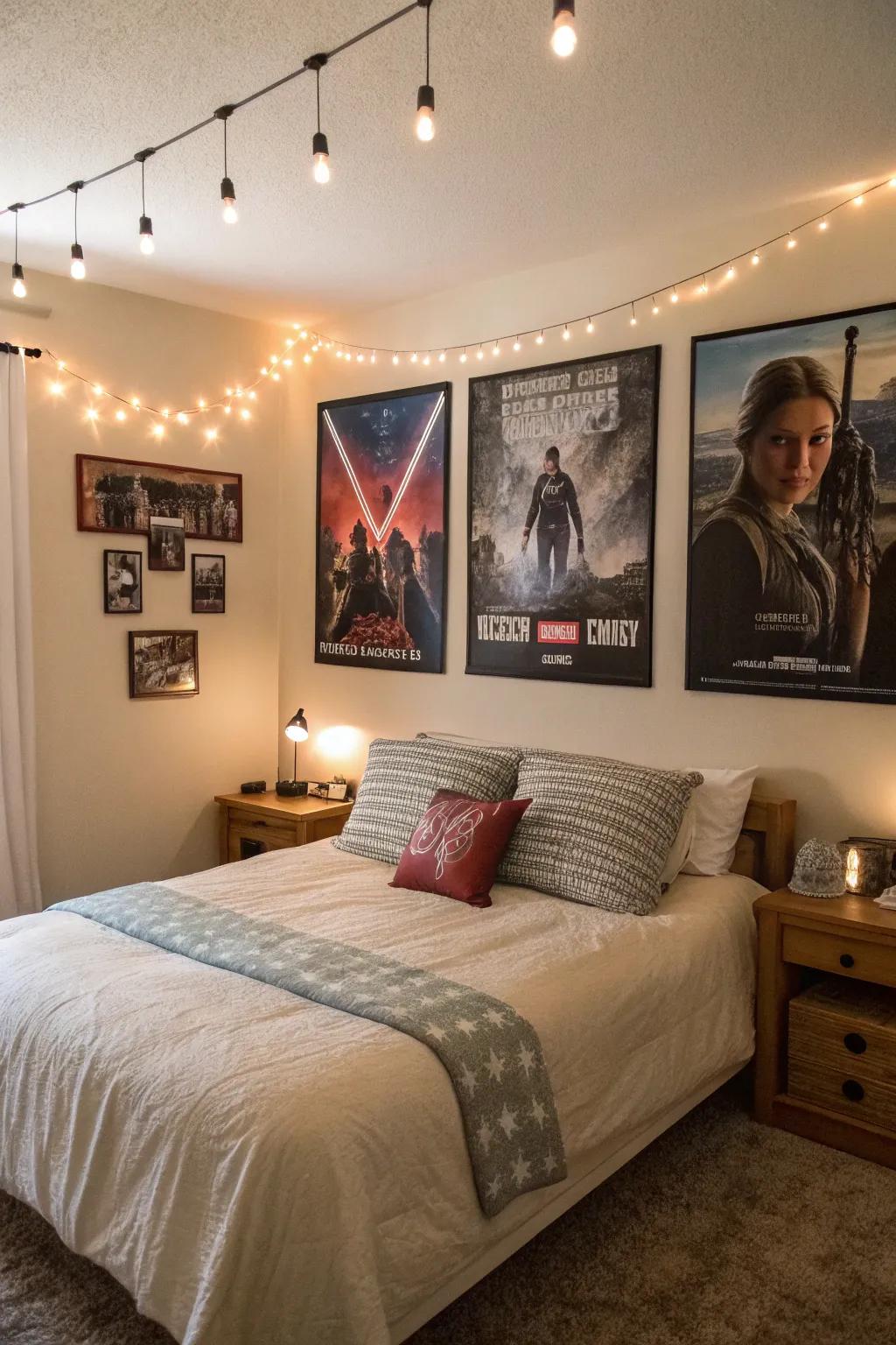 A bedroom showcasing symbolic film imagery artwork above the bed.