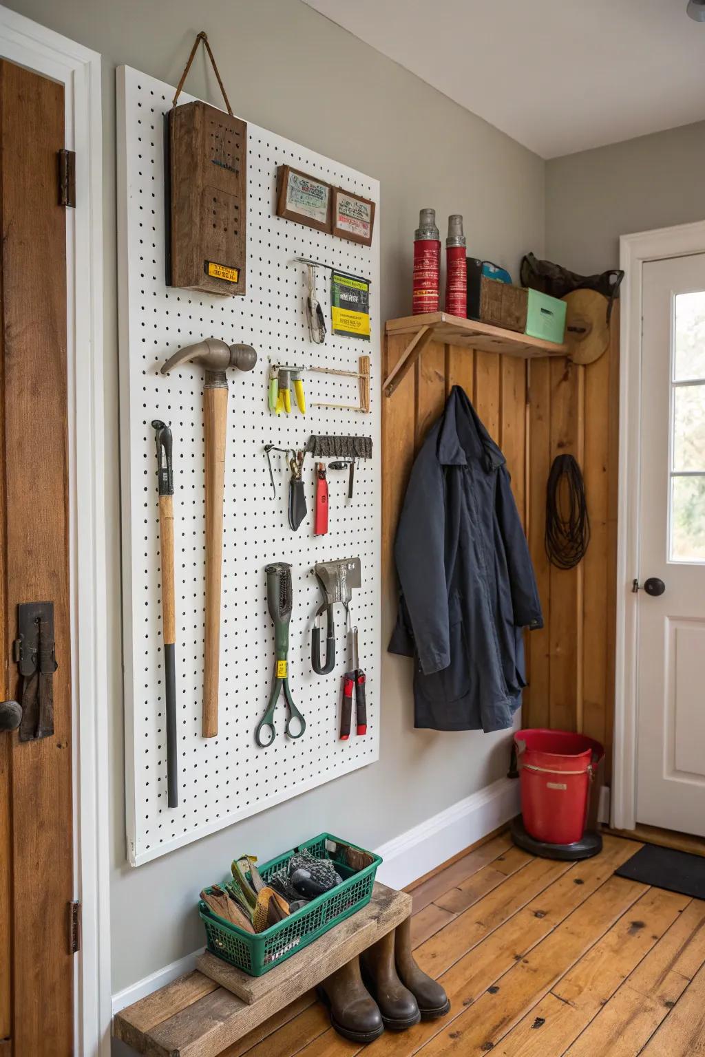 A pegboard delivers adaptable storage possibilities for a variety of items.