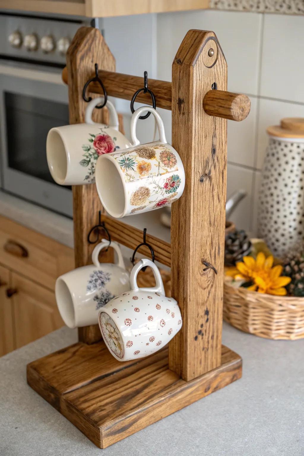 Craft a personal mug display with a DIY holder.