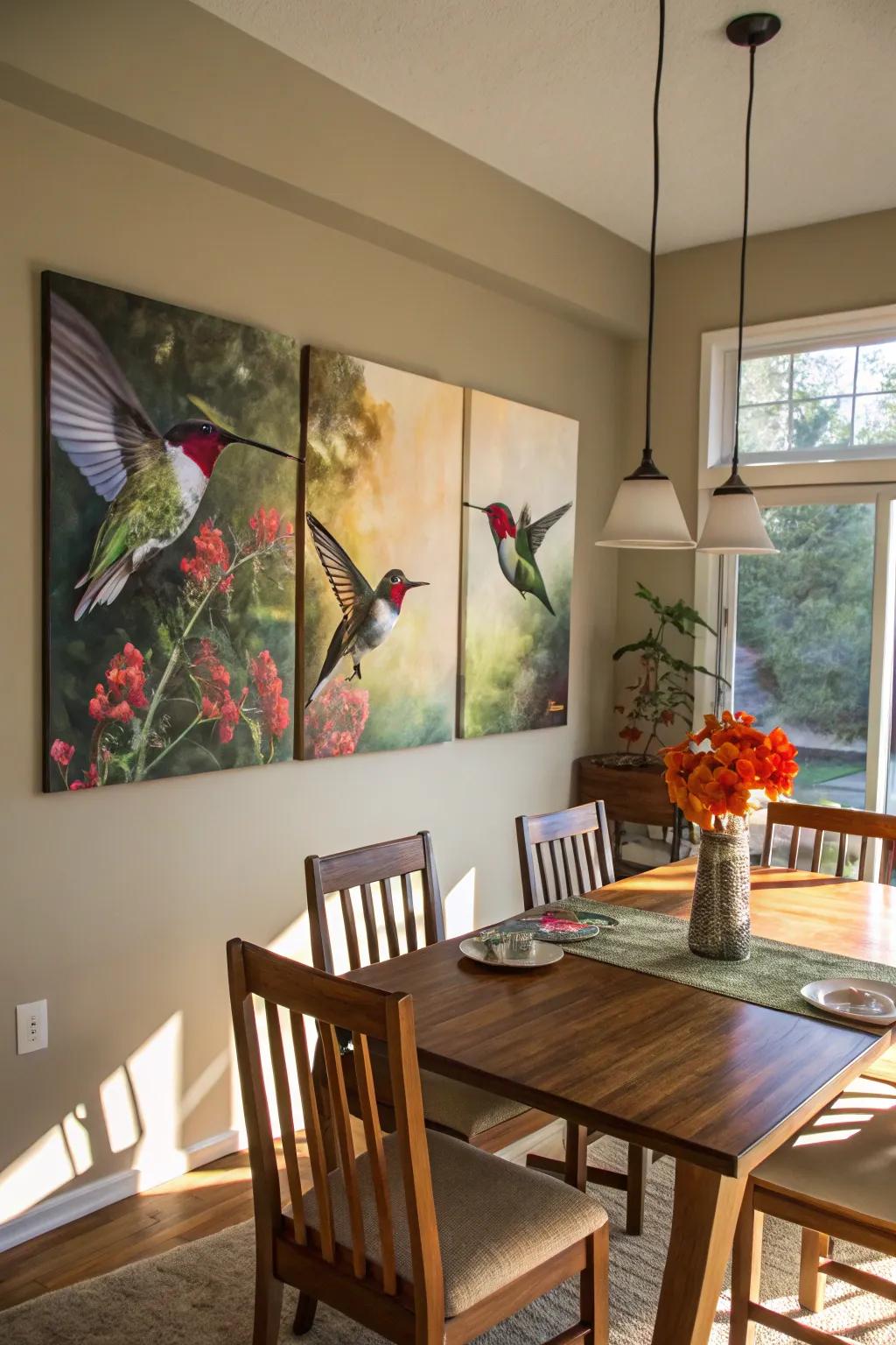 A vibrant depiction of hummingbirds in motion, lending grace and vitality to the dining space.