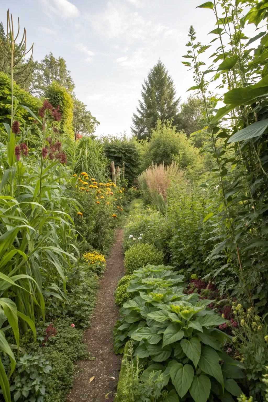 Tiered planting enriches a slender garden with depth and captivation.