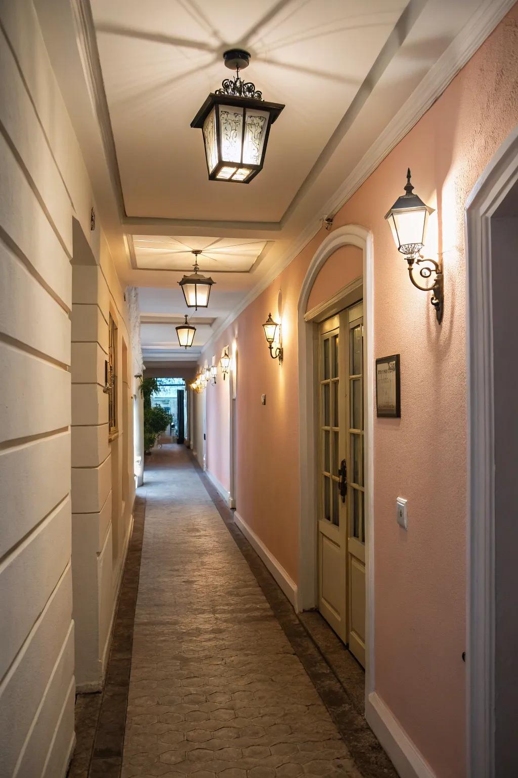 Gentle, diffused lighting builds a cozy atmosphere in narrow spaces.