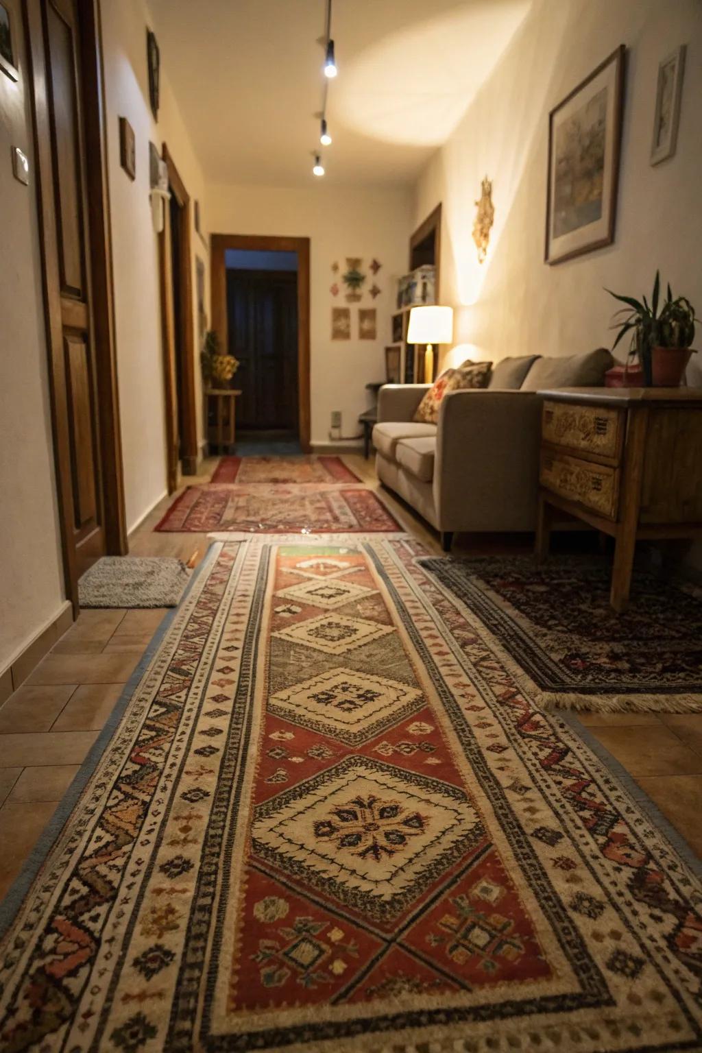 Superimposed ground coverings appending tactility and warmth to a restricted living space.
