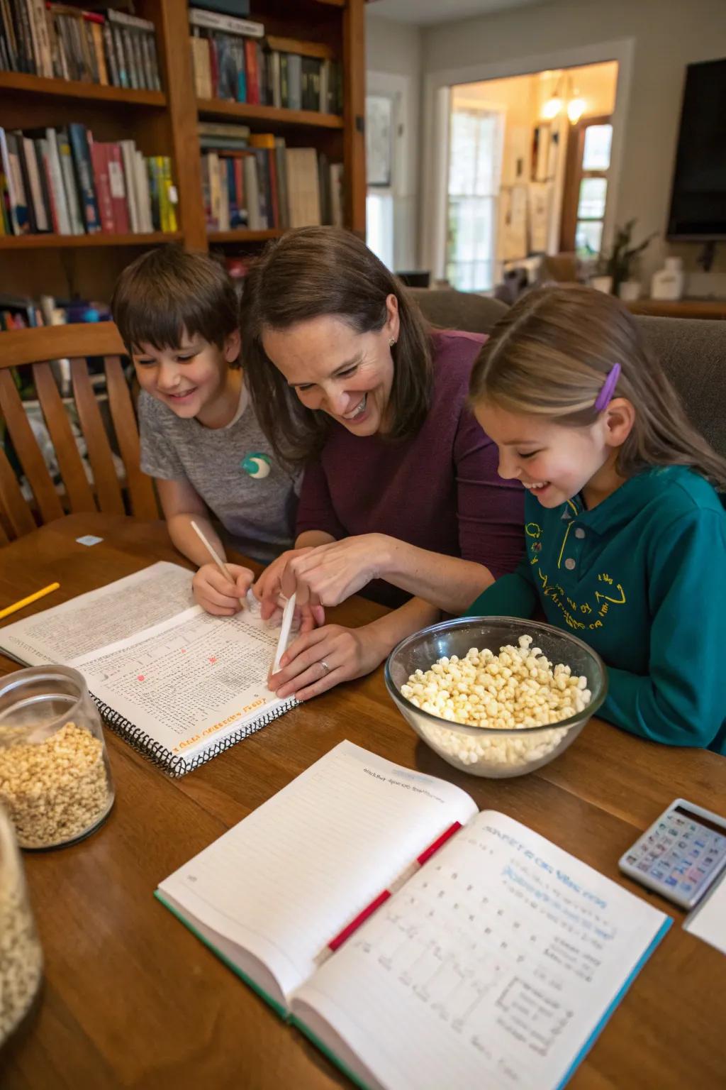 A family exploring educational activities centered around popcorn.