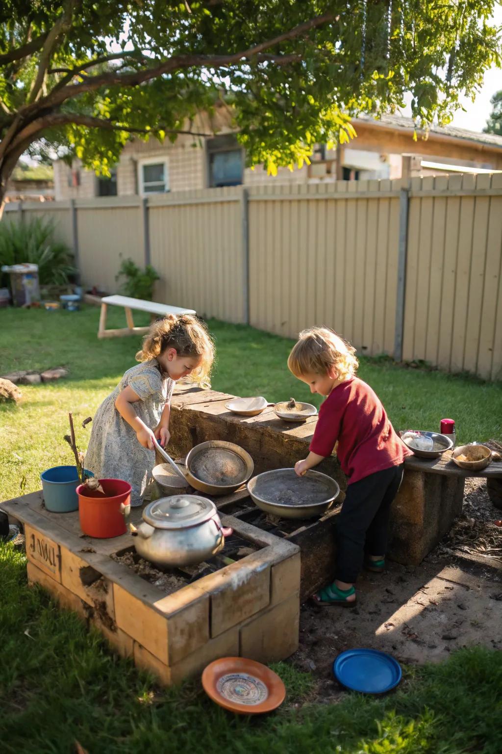 Mud kitchens stimulate unbounded tactile creativity.