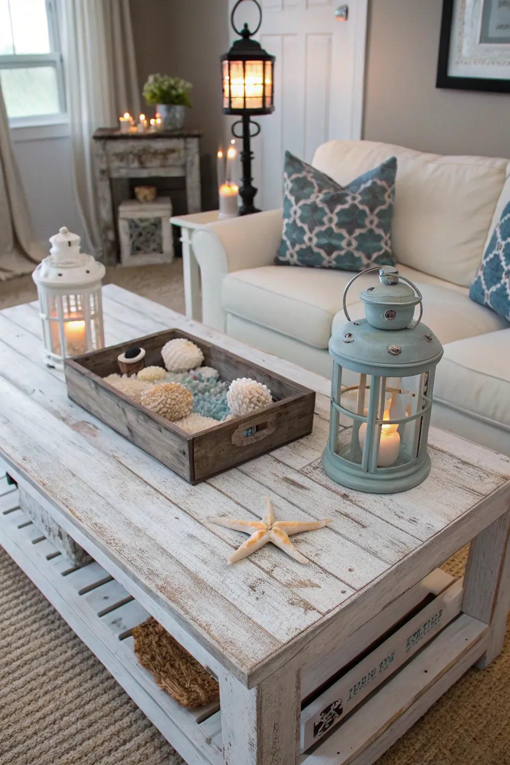 Aged lumber furniture introduces rustic allure to your nautical design.