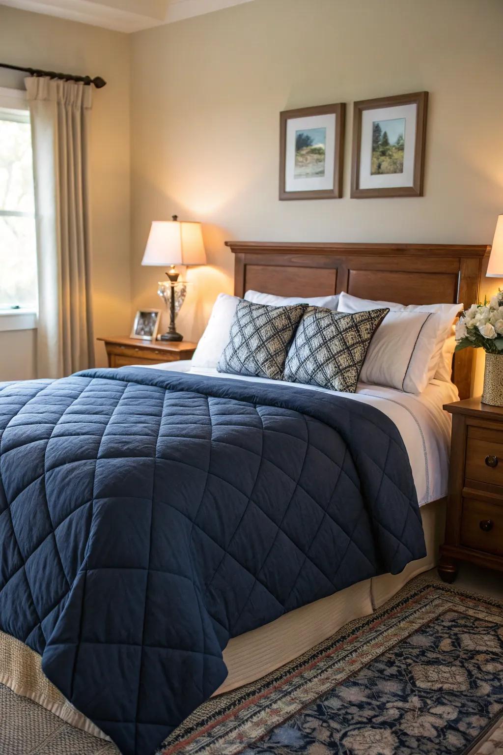 Add warmth and style with a textured navy quilt.