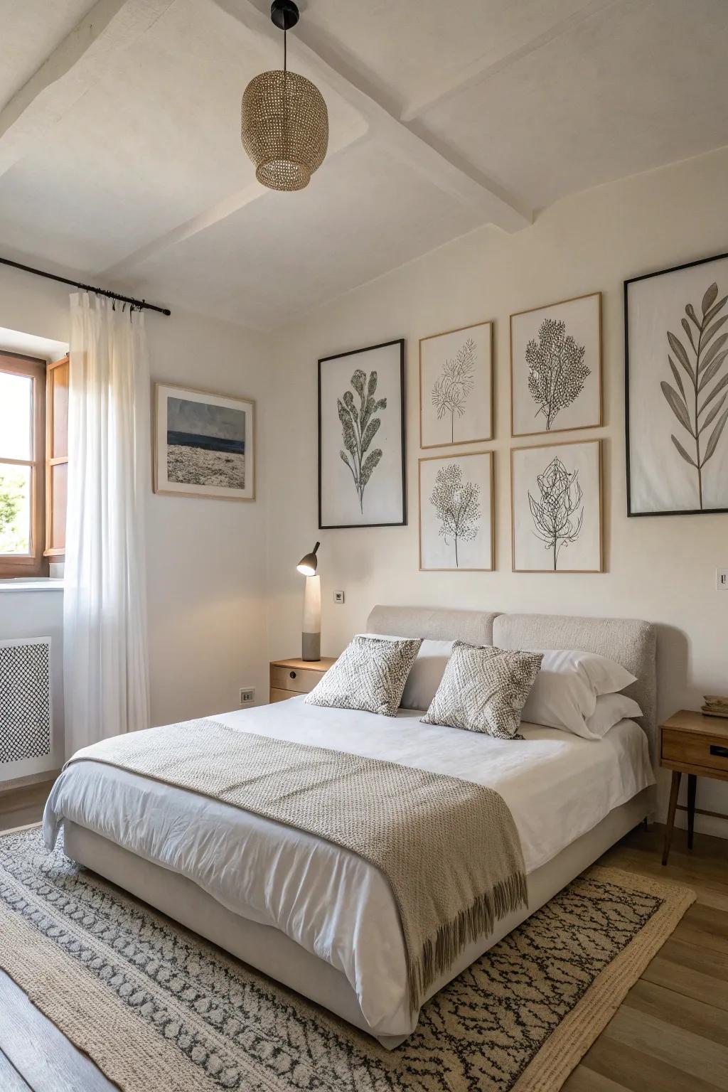 Minimalist artwork imparts sophistication within a neutral bedroom.