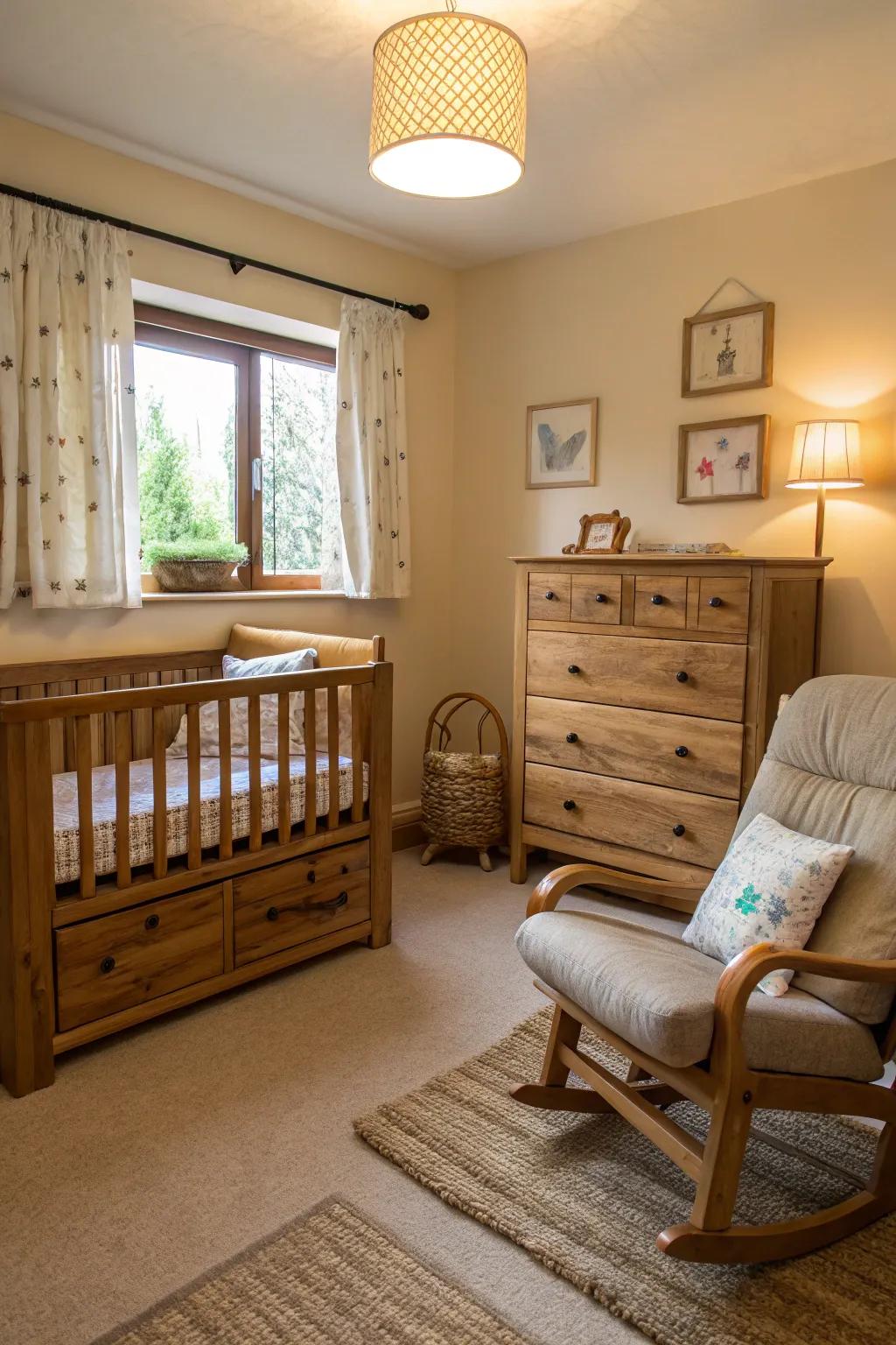 An inviting nursery showcasing organic timber decorations.