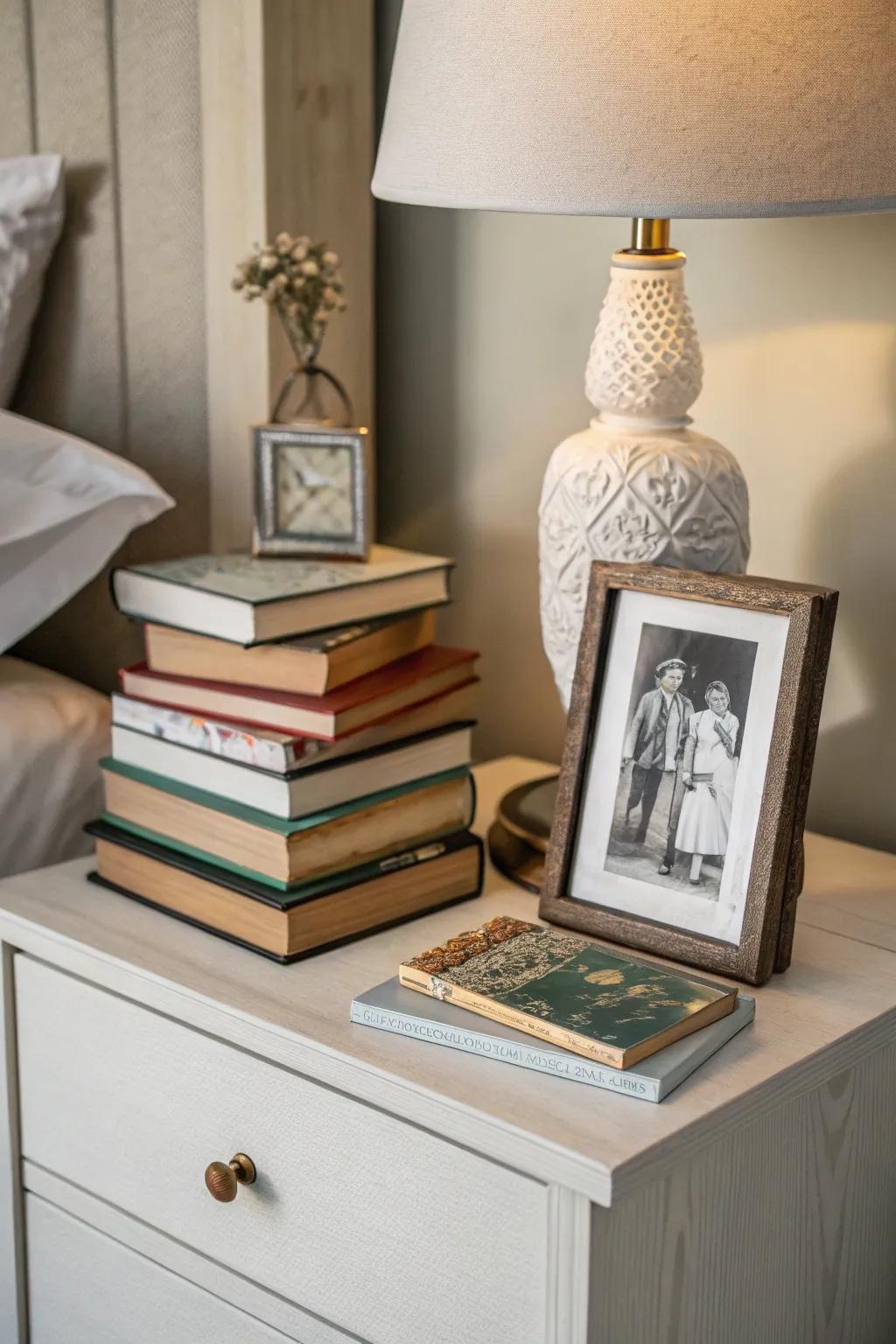 Showcase a curated selection of your favorite reads and treasured objects on your bedside table.