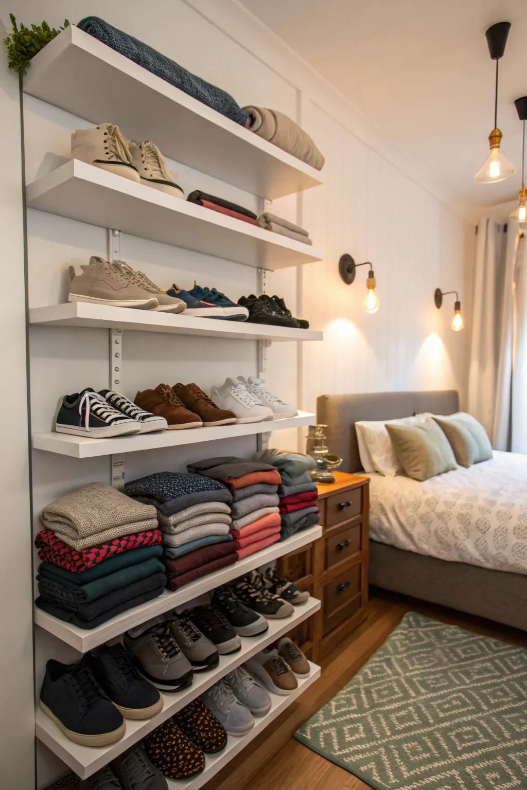 Floating shelves save floor space while adding personality.