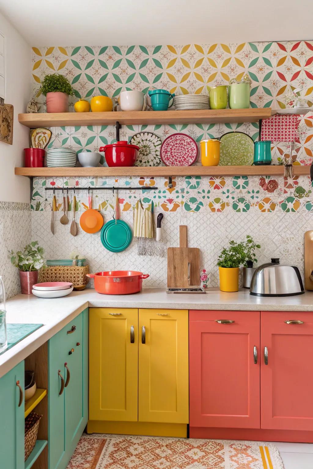 Pretty wall covering backsplashes provide a personalized and vibrant kitchen accent.