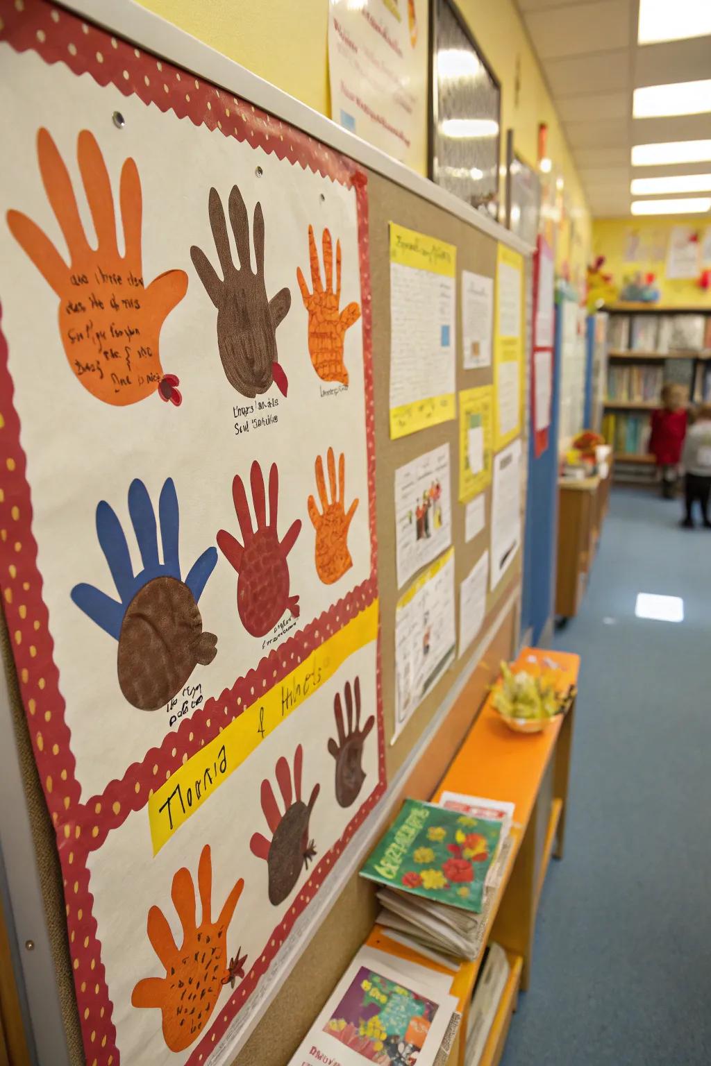 A board showcasing handprint turkeys crafted with love.