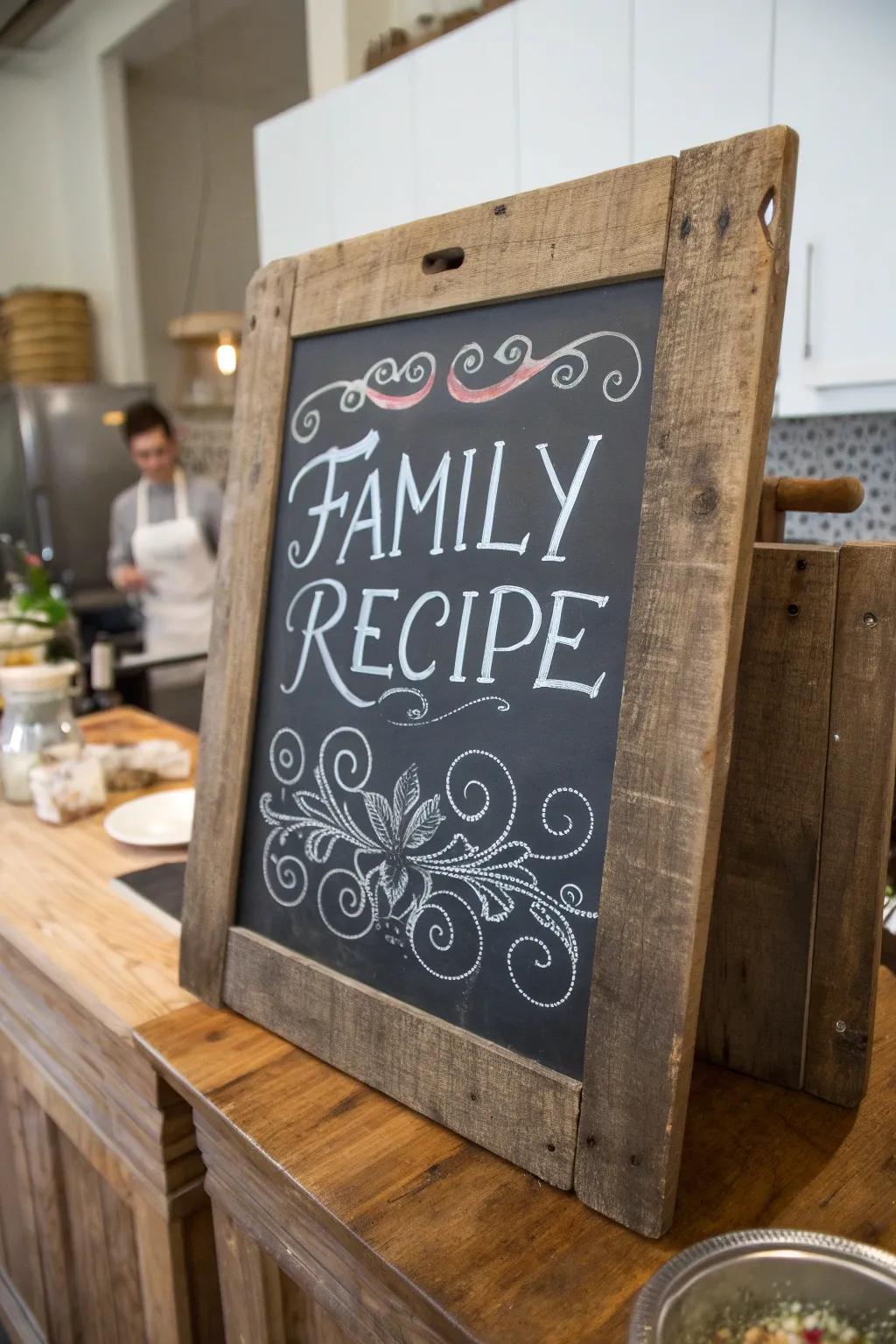 A treasured family recipe proudly showcased, adding a personal signature to the cooking space.