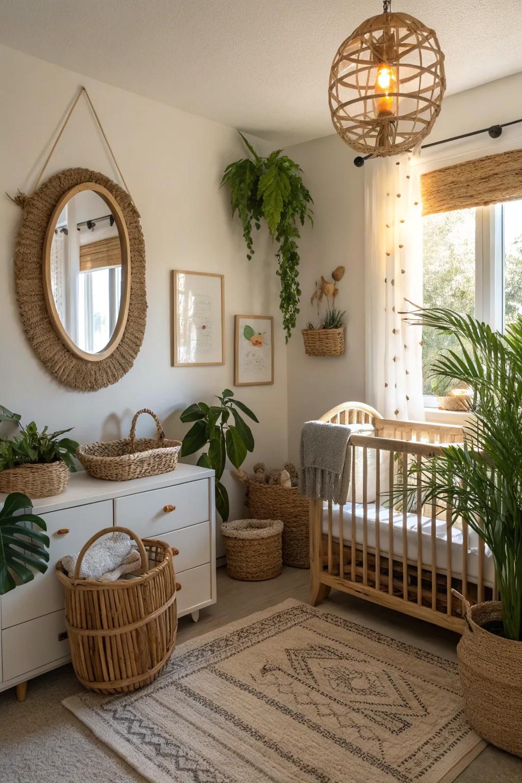 A wicker-trimmed reflector gives an earthy touch to this nursery.