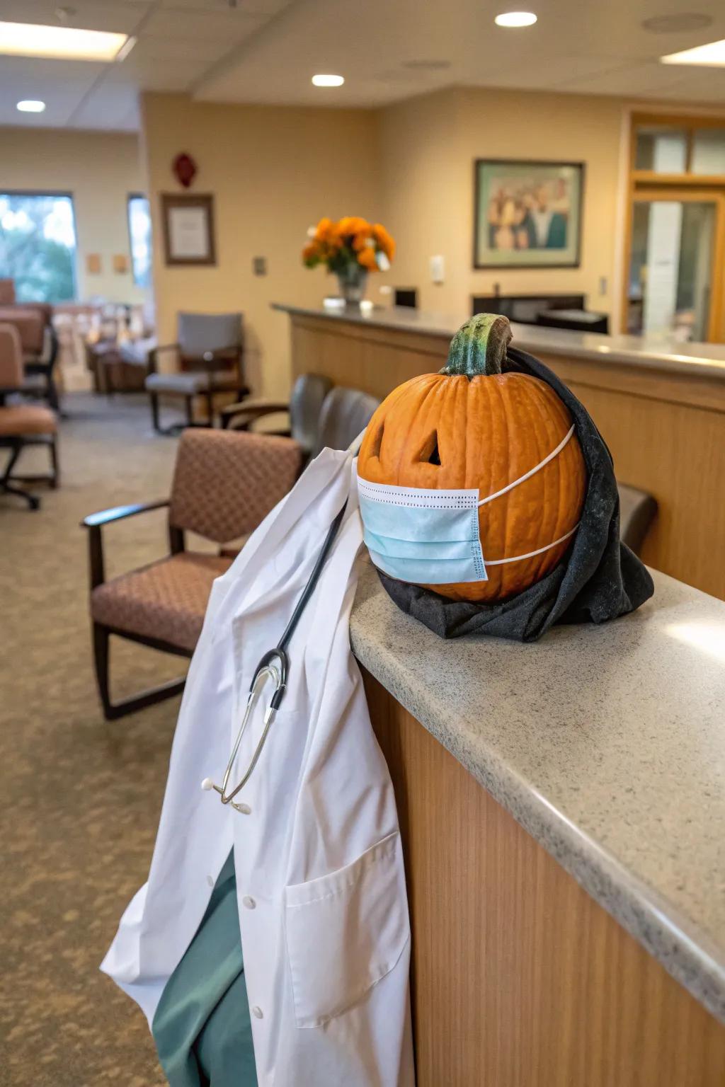 A pumpkin dressed as a physician elicits smiles from everyone.