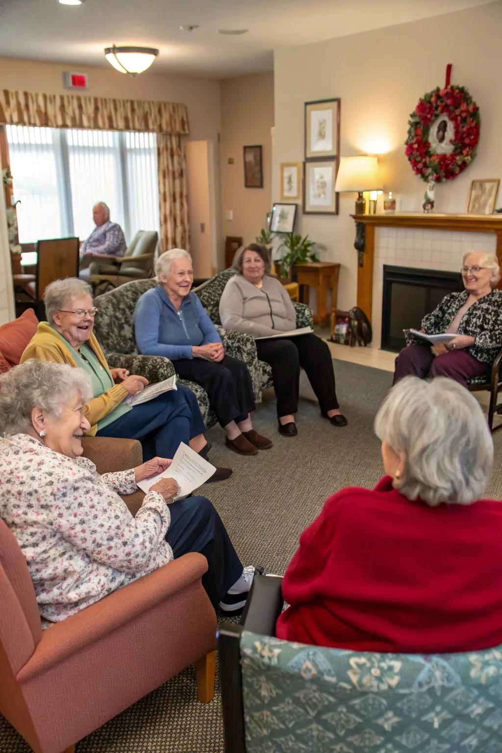 Residents sharing treasured love stories in a cozy circle.