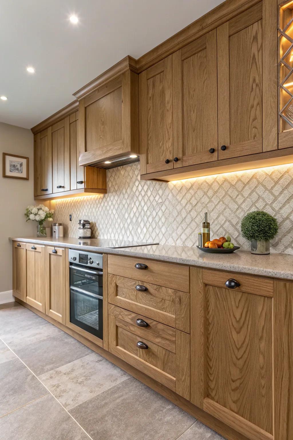Designed back panels enhance the visual appeal of oak kitchens.