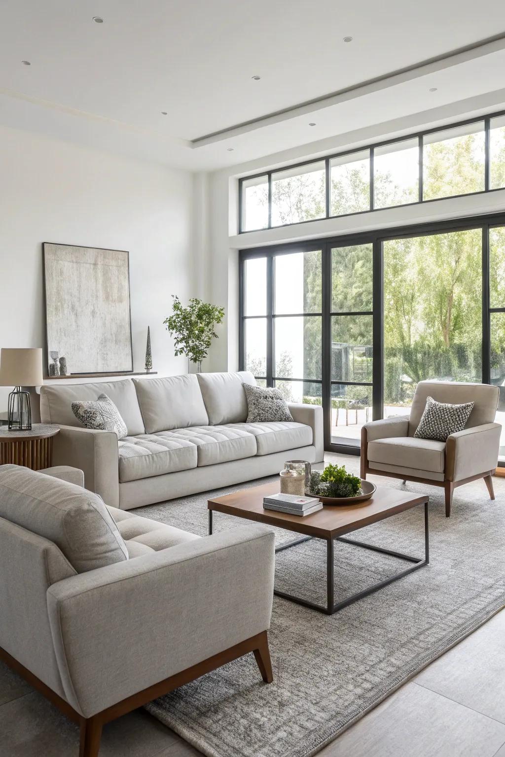 Modern furniture with clean lines enhances the off white aesthetic.