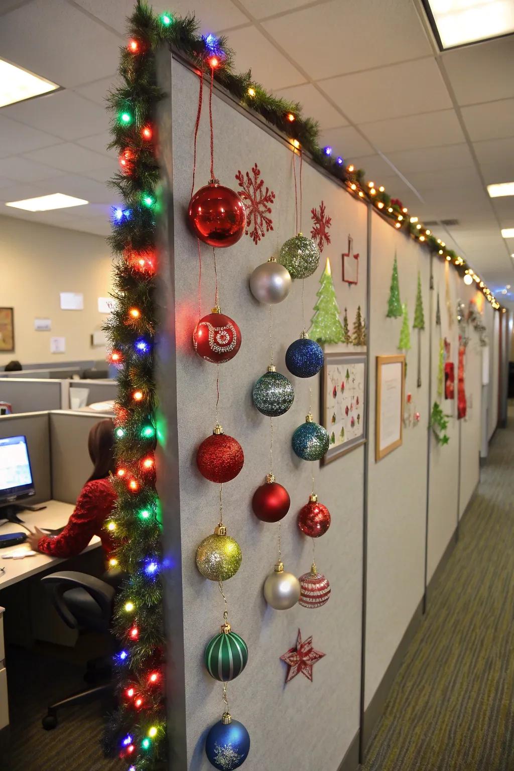 Ornament displays transform mundane partitions into festive focal points.