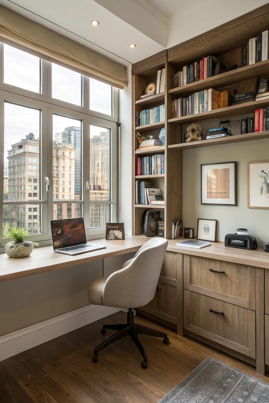 Optimize your workstation with an alcove desk showcasing built-in staging.