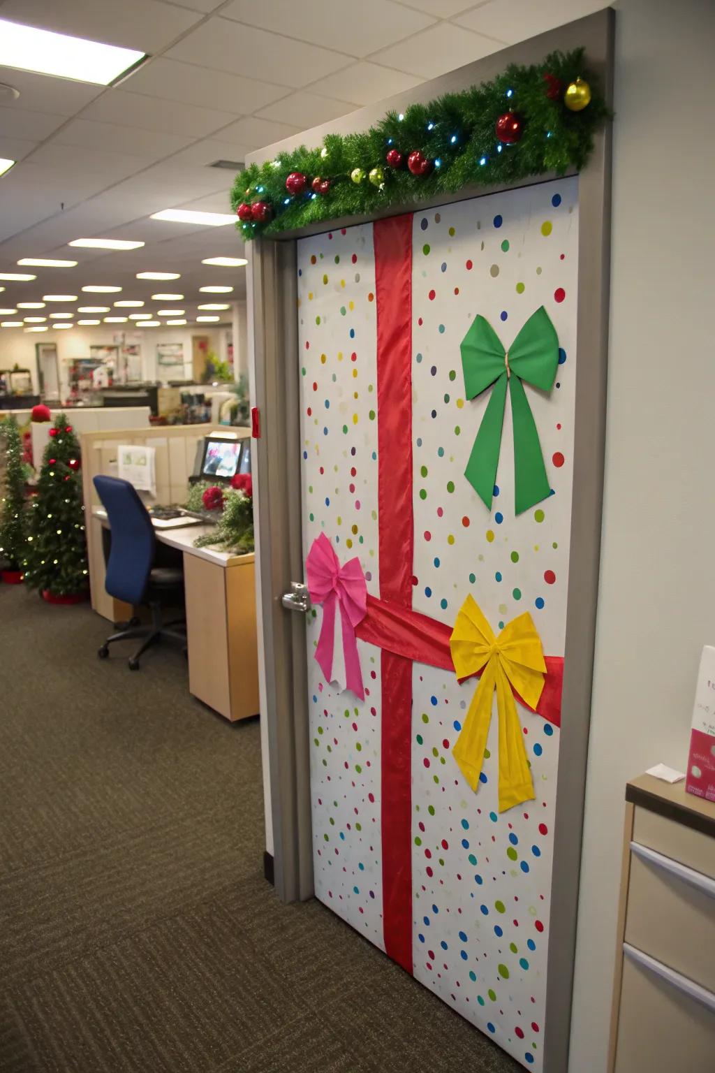 Present your workplace with a festive aesthetic with a gift-wrapped entrance.