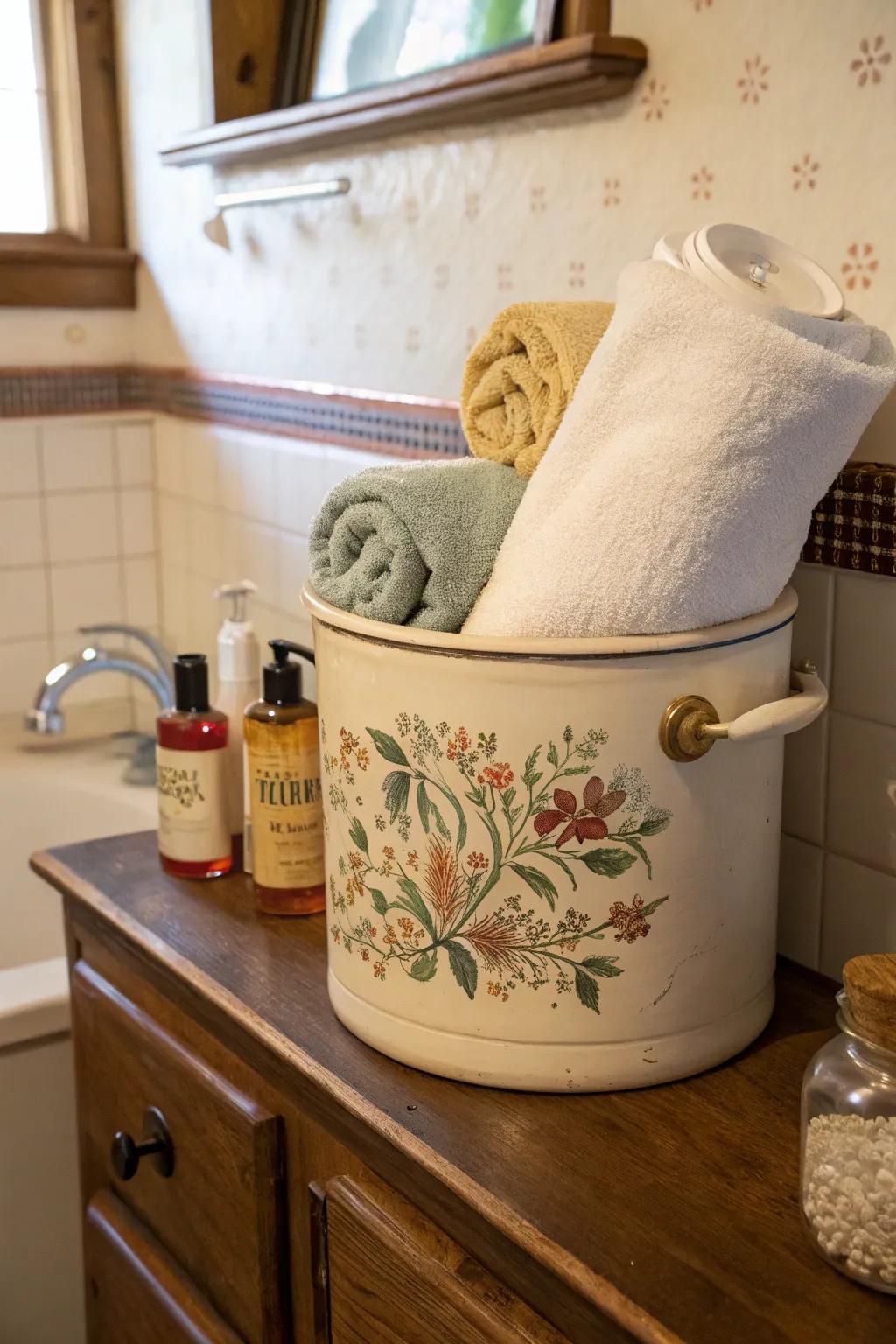 Introduce vintage allure to your bathing room with stoneware storage answers.