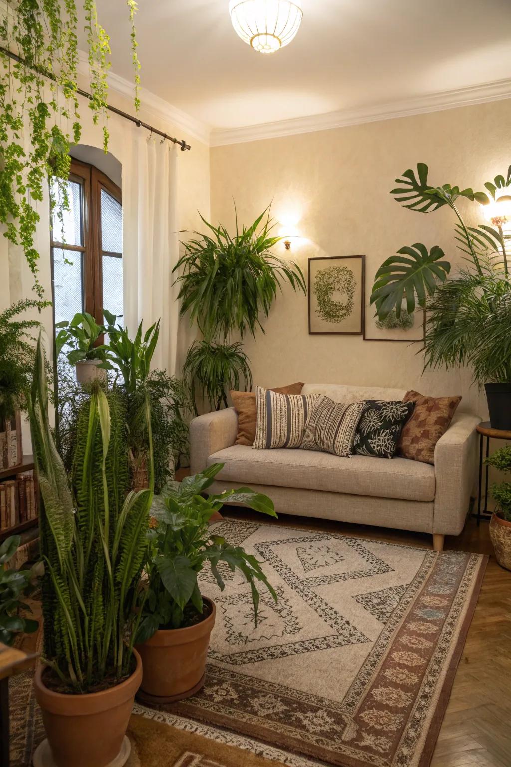 Natural elements such as plants add vibrancy to the living room.