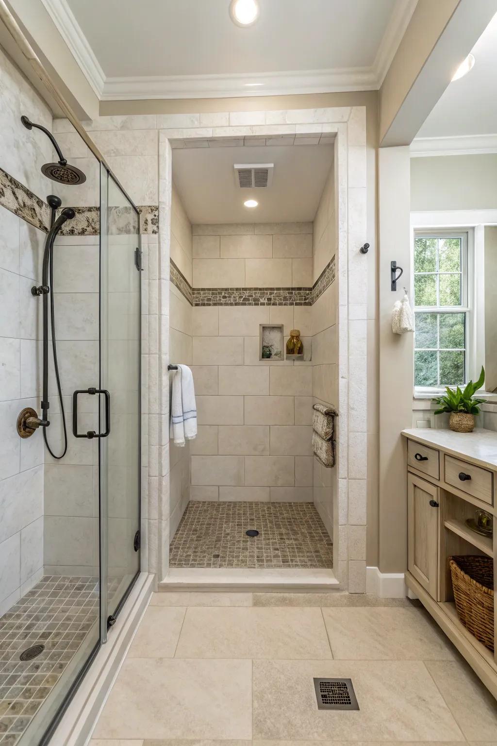 Neutral tones enhance the serenity and openness of your shower.