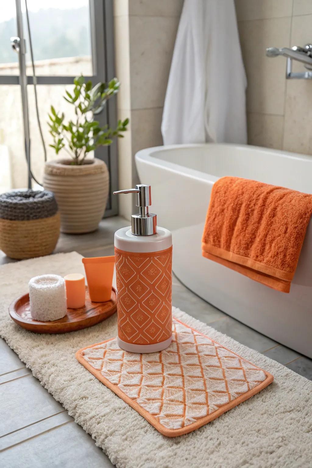 Delicate orange details such as a liquid soap holder and floor covering.