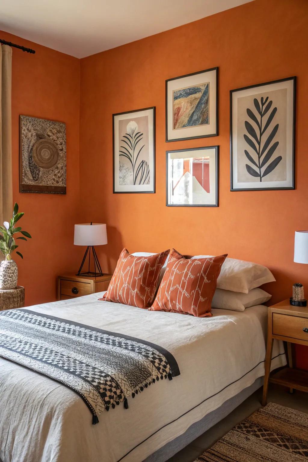 Artistic features enhance and harmonize alongside walls painted orange.