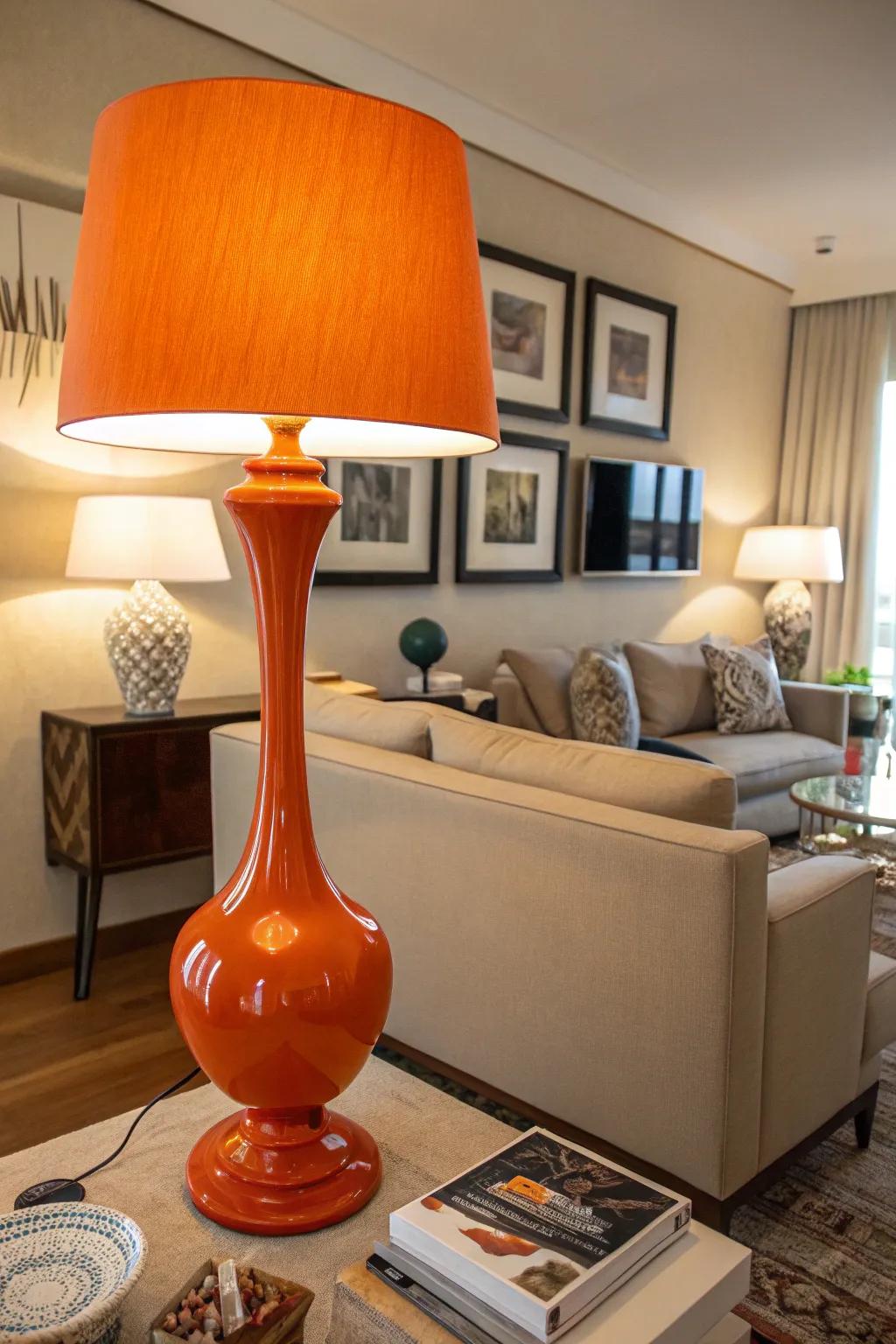 A contemporary orange lamp adds warmth and style to the living room.