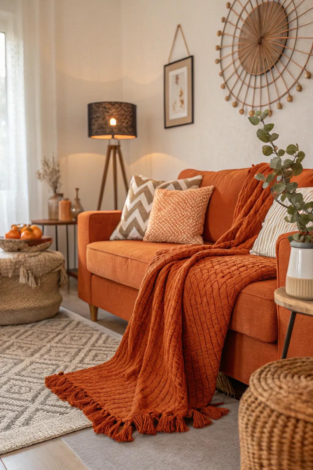 Behold a living area where textures and textiles enhance the warmth of orange tones.