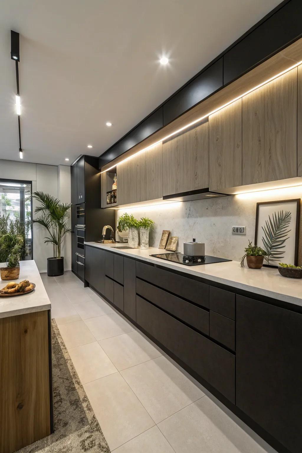 The balance of light and deep shades enriches the space with dimension and refinement.