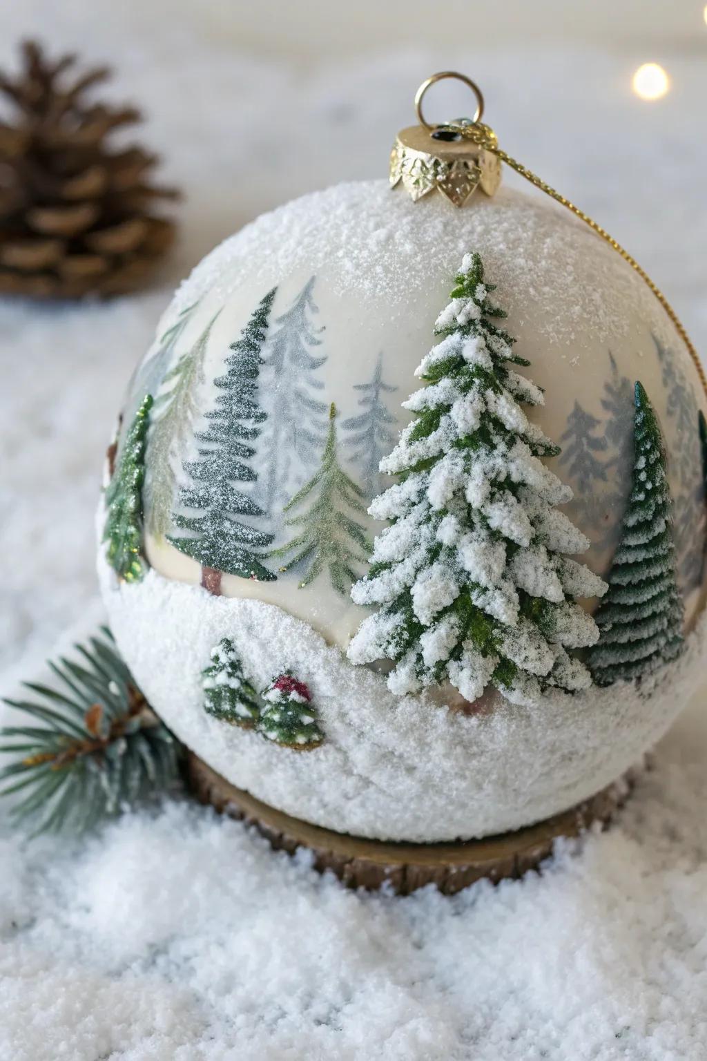 Snowy pine tree ornaments craft a serene winter wonderland.