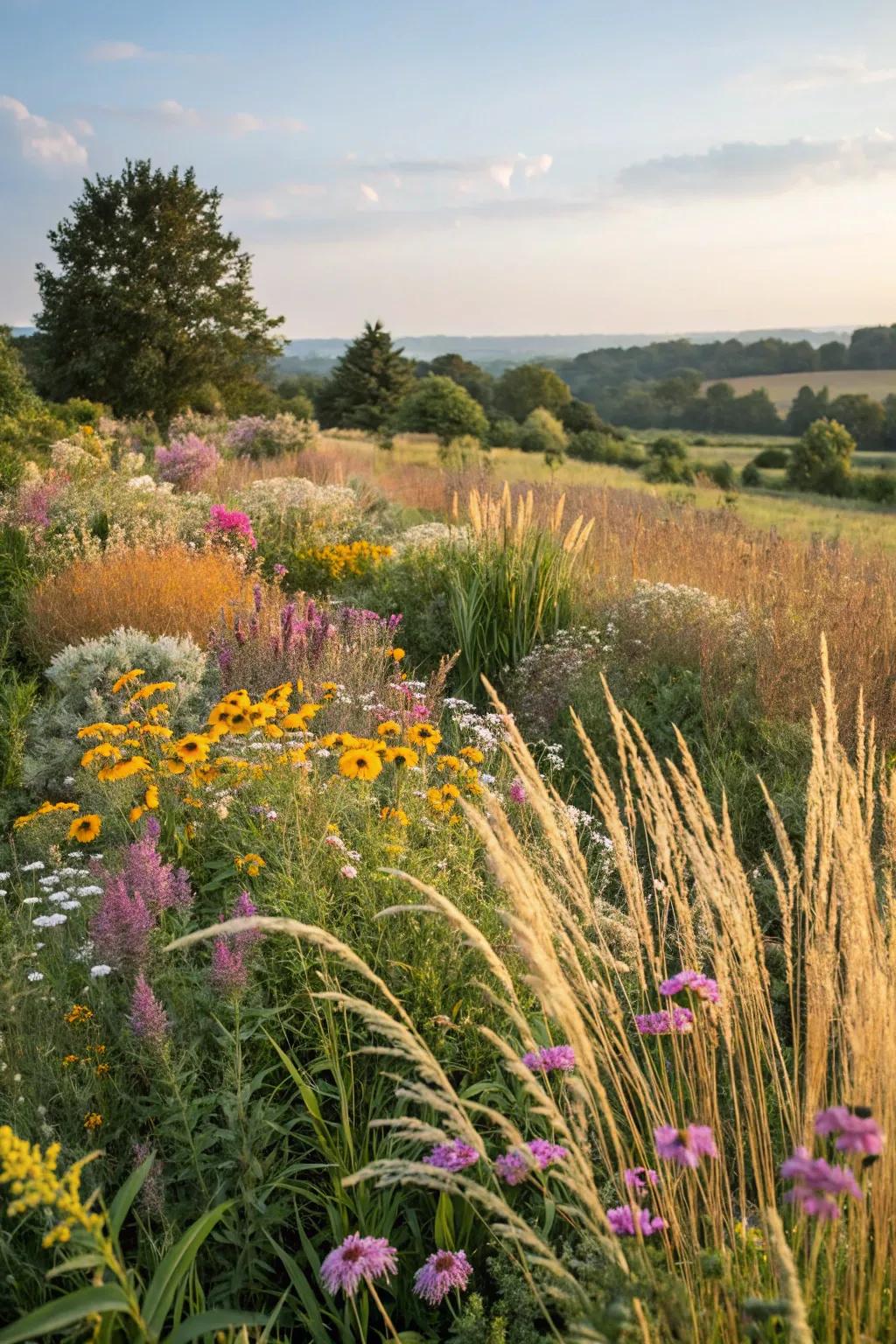 A meadow landscape featuring a mix of turfs and wildflowers.