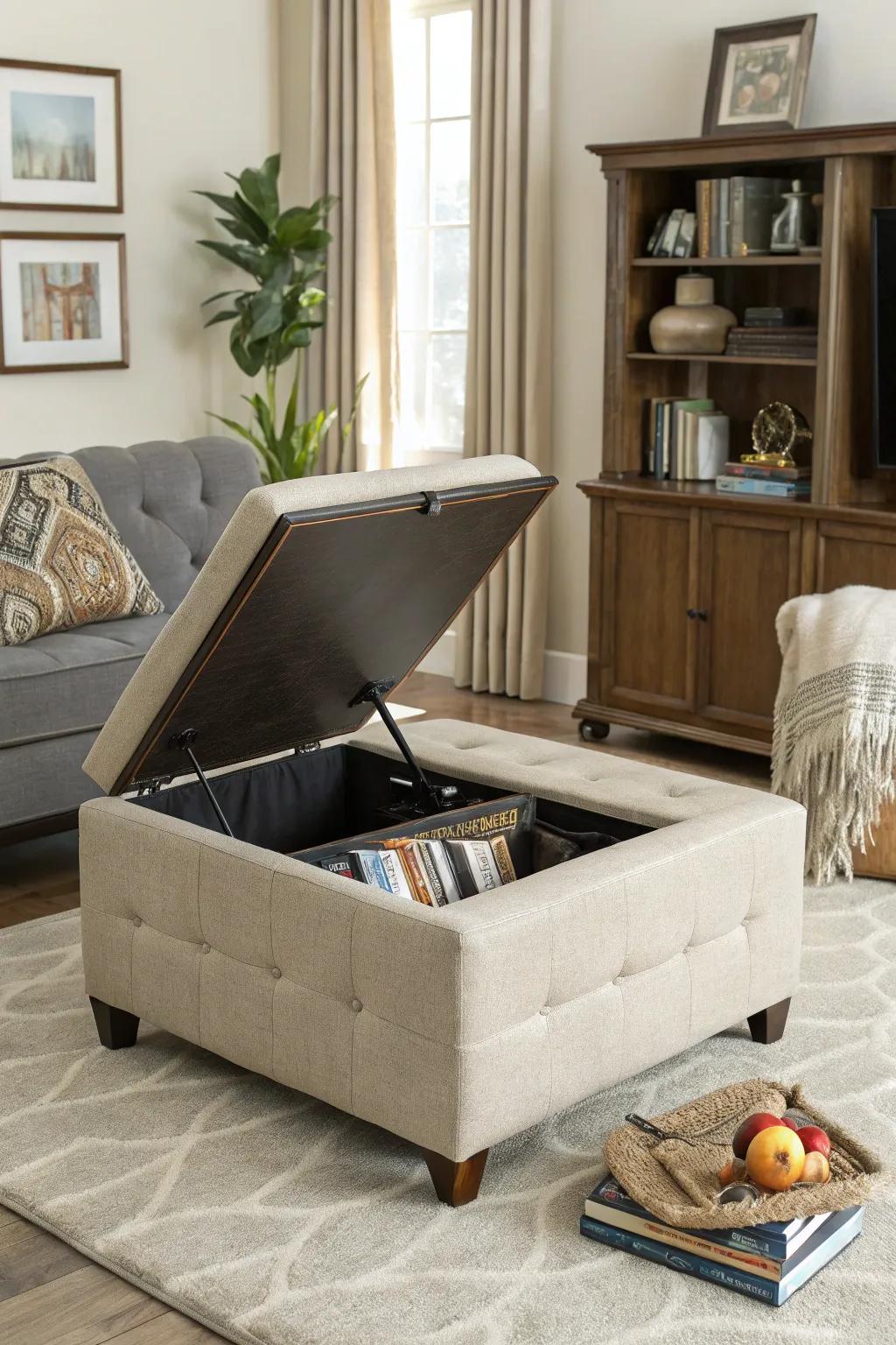 A chic ottoman with hidden storage creates a clutter-free living area.
