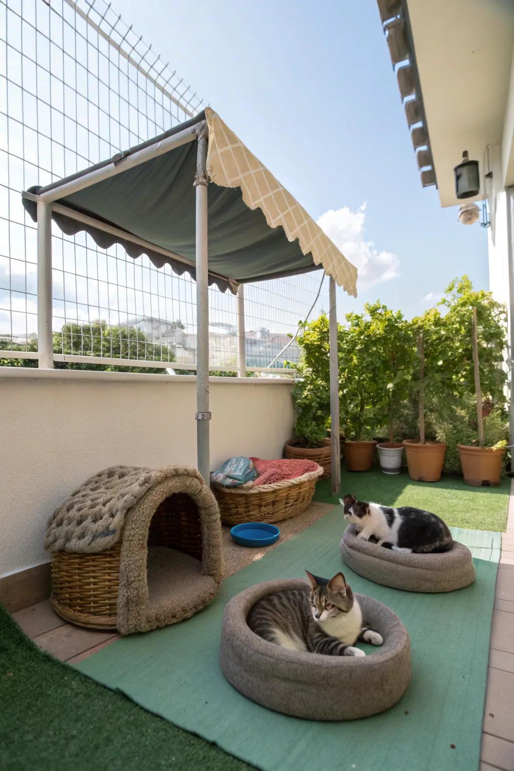 A comfortable, shaded haven for feline relaxation and sanctuary.