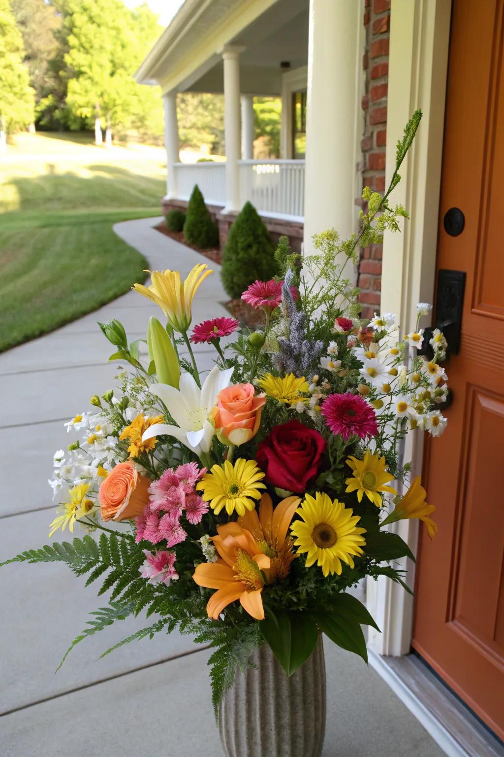 A vibrant floral display welcoming guests at the front door with charm and color.