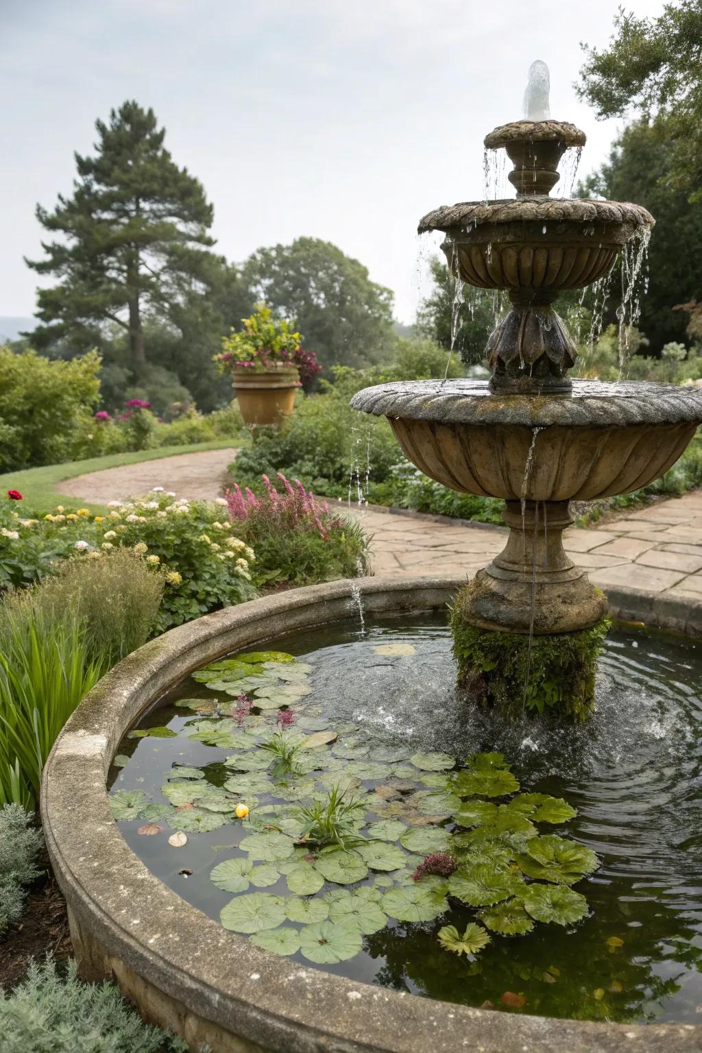 A fountain exquisitely integrated with garden greenery.