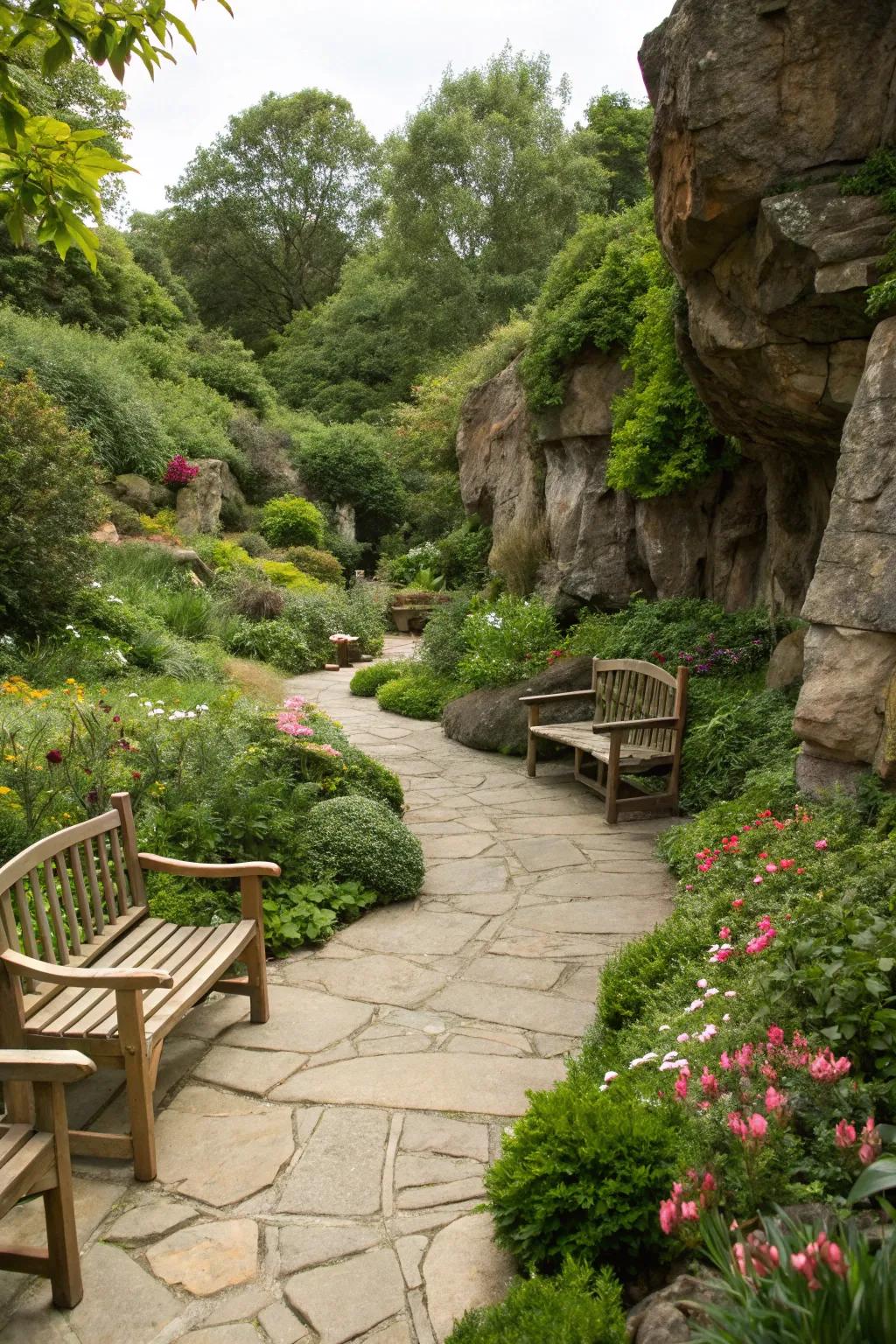 Raw parts like wood and rock boost garden texture.