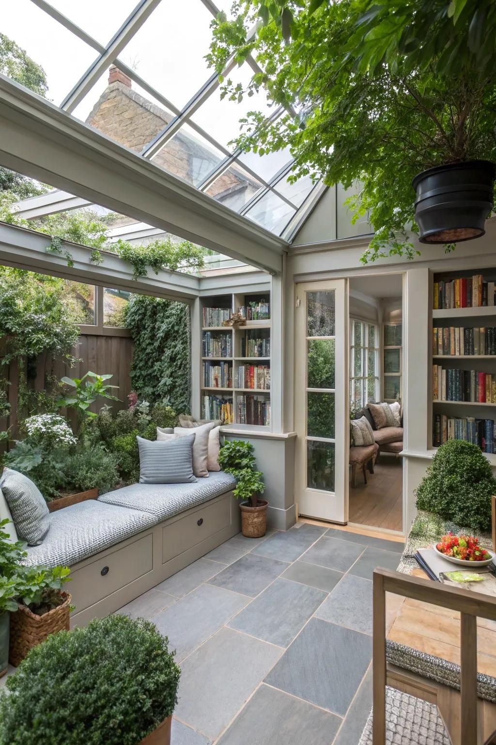 A garden area that combines open vistas with sheltered spaces.