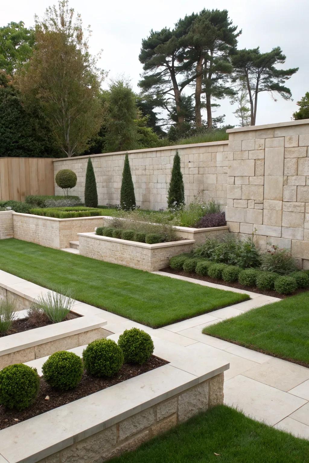Geometric stone walls impart a smooth, contemporary feel.