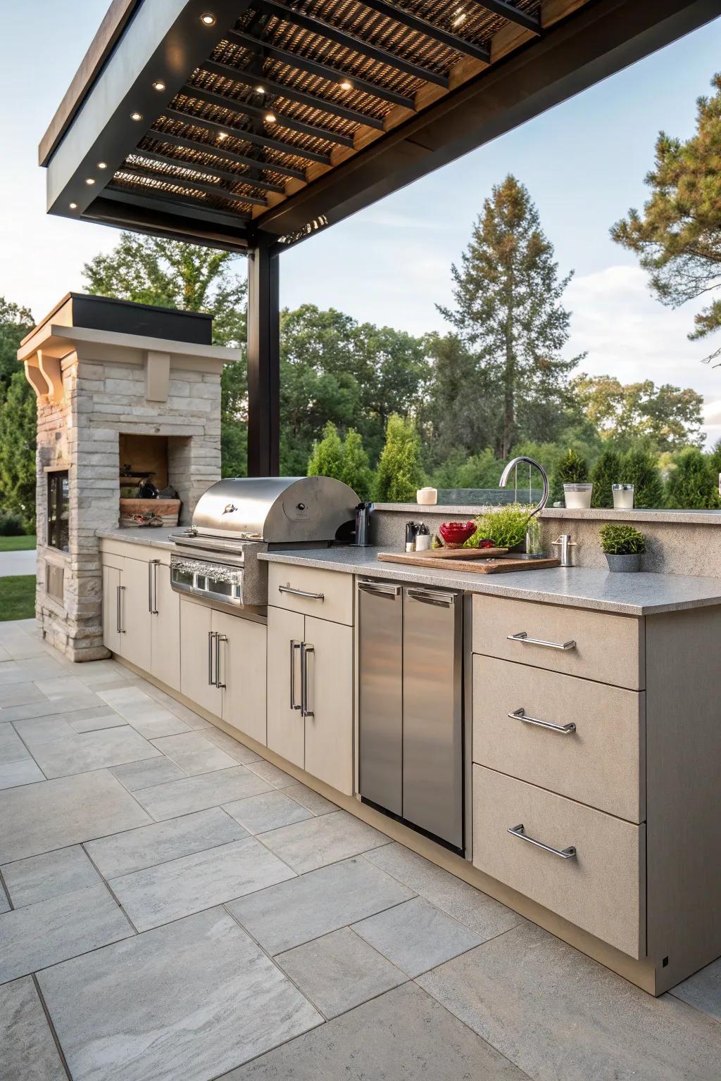 A cooking station offering lots of storage with stylish cabinets and drawers.