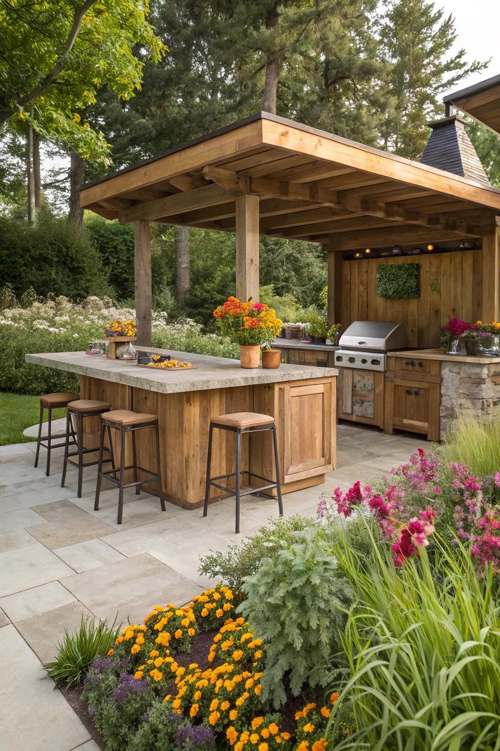 A flexible outdoor kitchen with convertible bar seating.