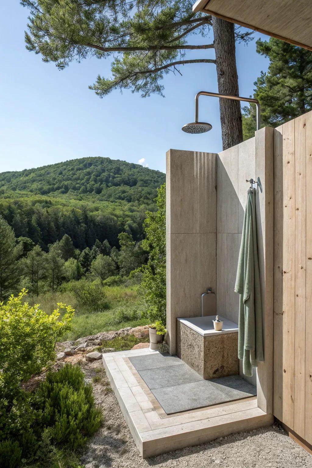 Understated design for a polished and straightforward outdoor shower.